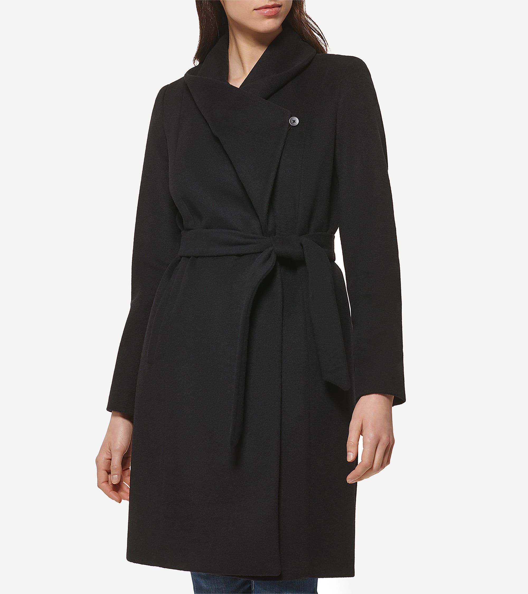 Women s Long Wool Wrap Coat in Black Cole Haan